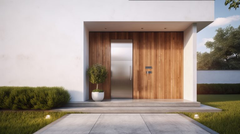 Modern house with wooden door. Illustration Generative AI